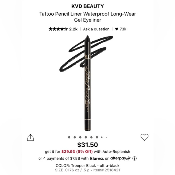 KVD BEAUTY
Tattoo Pencil Liner Waterproof Long-Wear
Gel Eyeliner - Picture 2 of 3